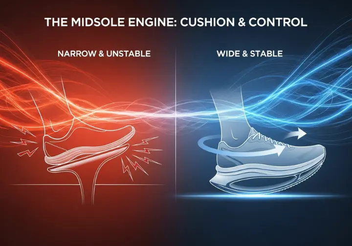 A diagram explaining shoe midsole technology, visually comparing an unstable narrow-base shoe to a stable wide-base shoe that also features rocker geometry for a smooth stride.