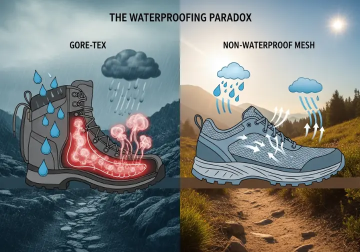 An infographic titled "The Waterproofing Paradox," visually comparing a waterproof shoe and a non-waterproof mesh shoe. The left panel shows rain deflecting off a GORE-TEX shoe while sweat vapor is trapped inside. The right panel shows rain and air passing freely through a mesh shoe, illustrating its breathability.