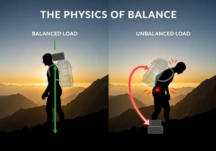 A side-by-side diagram illustrating the physics of a balanced backpack, comparing a hiker with a correctly placed load to one with an incorrectly placed load that creates a lever effect and strain.