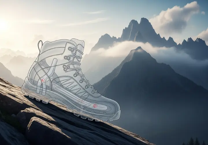 A diagram titled "Anatomy of Stability" uses a semi-transparent view of a hiking boot to visually demonstrate how torsional rigidity, a secure heel lock, and a specialized lacing system create support on uneven terrain.