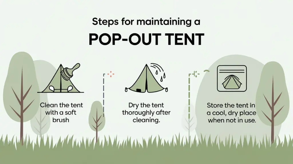 Infographic on how to maintain and care for a pop out tent, with tips for cleaning, drying, and storing.