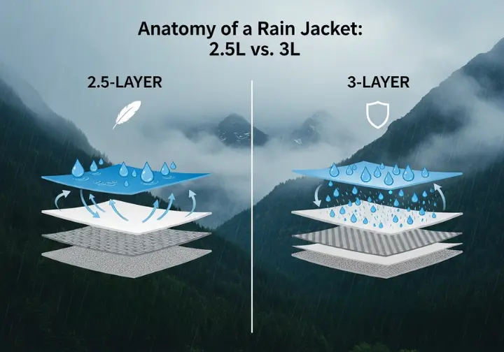 A side-by-side diagram titled 'Anatomy of a Rain Jacket: 2.5L vs. 3L,' showing a cross-section of each fabric type against a dramatic, rainy mountain backdrop. The 2.5L side features a feather icon for lightness, while the 3L side has a shield icon for durability.