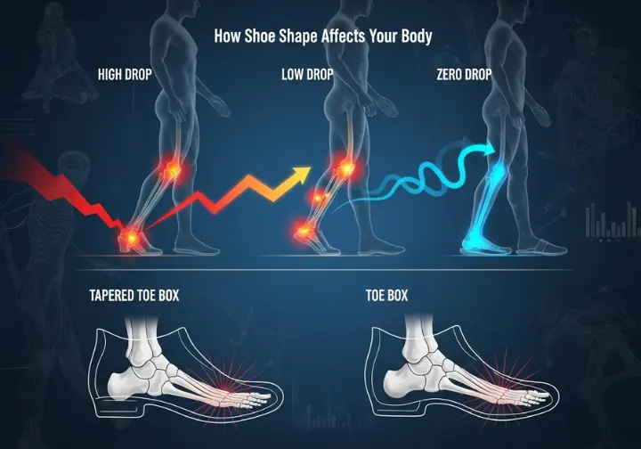 An infographic explaining how shoe heel drop and toe box shape affect the body, showing skeletons with color-coded arrows indicating stress points on the knees, hips, and Achilles tendon for different shoe types.