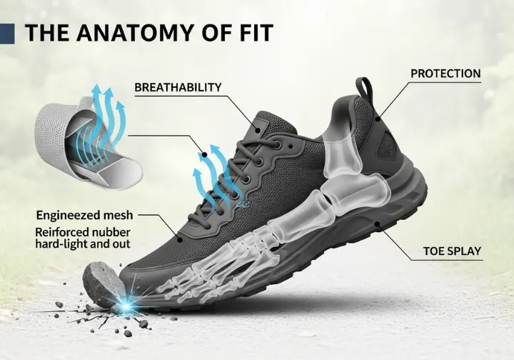 A diagram of a hybrid shoe's upper, set on an atmospheric path background, visually explaining its key features: breathable mesh, a protective toe cap deflecting a rock, and a wide toebox allowing for natural toe splay.