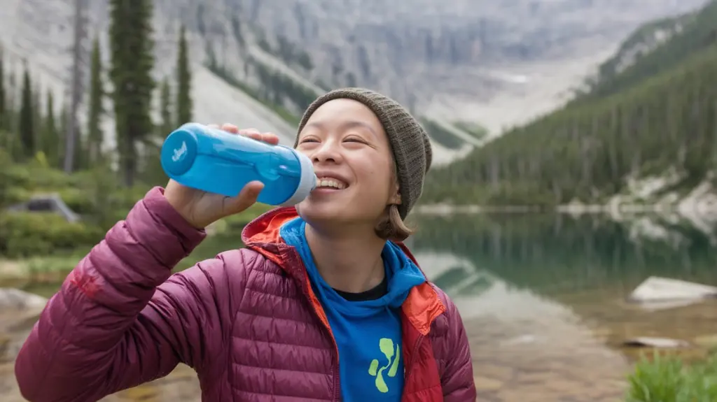 Camper staying hydrated and safe with a water purifier while enjoying a mountain lake view during a camping trip.