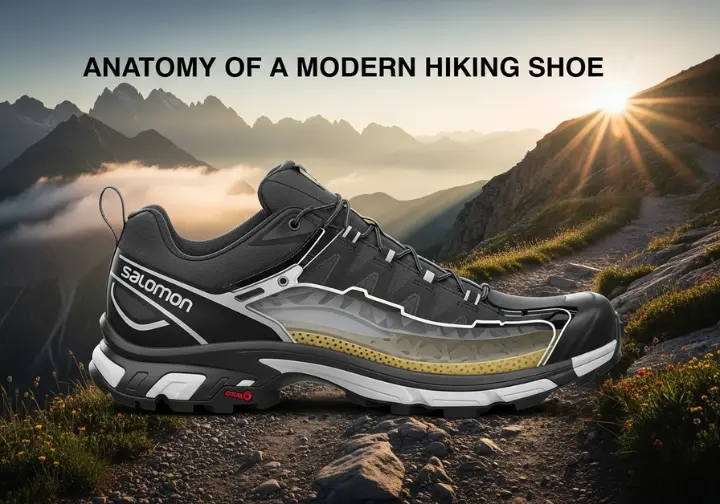 A detailed diagram showing a cross-section of a modern hiking shoe, illustrating the functions of the upper, midsole, outsole, and rock plate against a dramatic mountain backdrop.