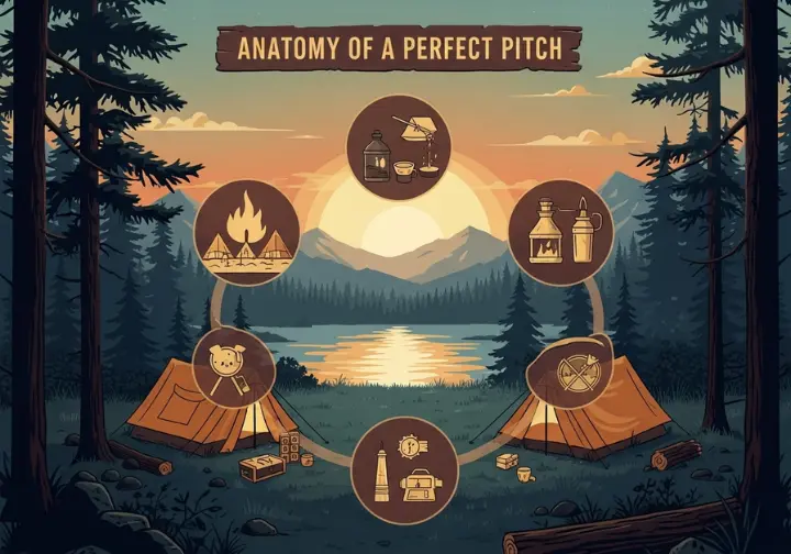 An infographic demonstrating the four key steps for a perfect tent pitch, including footprint placement, wind orientation, stake angle, and guyline use, set against a scenic campsite background.