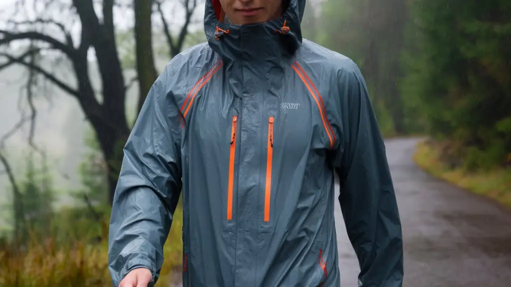 A hiker staying cool and dry while hiking in a rain jacket with ventilation features in a rainy forest setting.