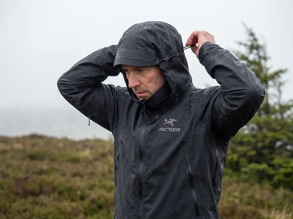 Hiker in an Arc'teryx Beta AR hardshell adjusting the hood in steady rain