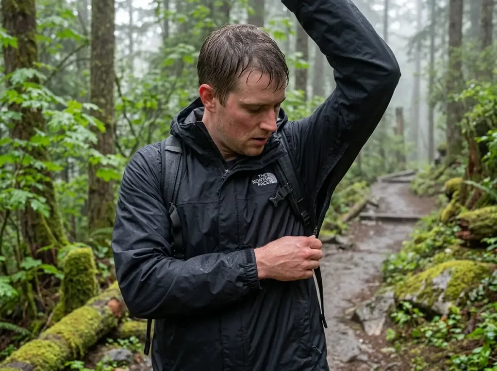 Hiker opening the pit zips on a North Face Venture 2 budget rain jacket mid-climb