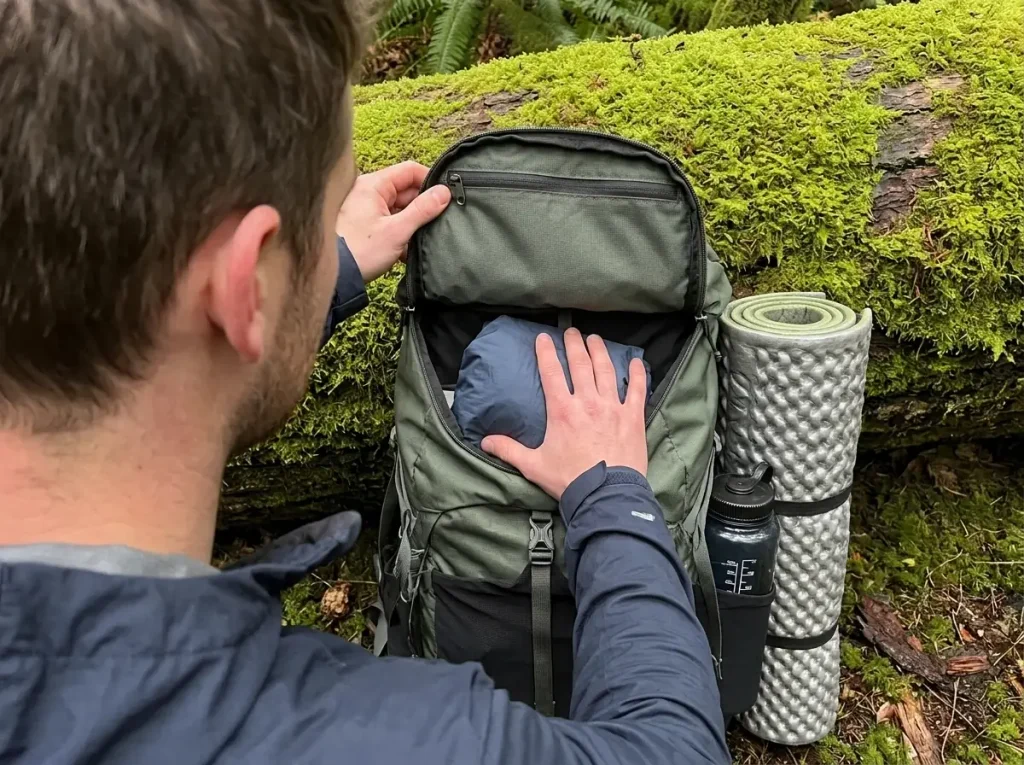 Packing an Outdoor Research Helium ultralight rain jacket into a backpack lid