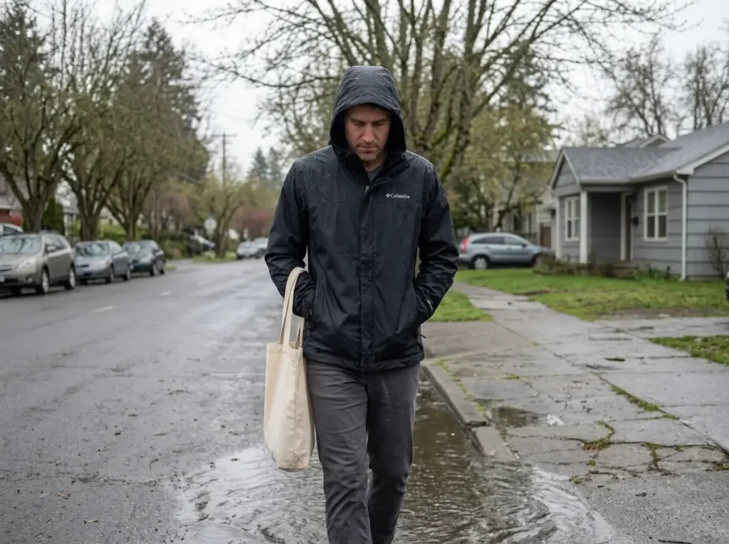 Man in a Columbia Watertight II rain jacket walking a wet sidewalk on a grey morning
