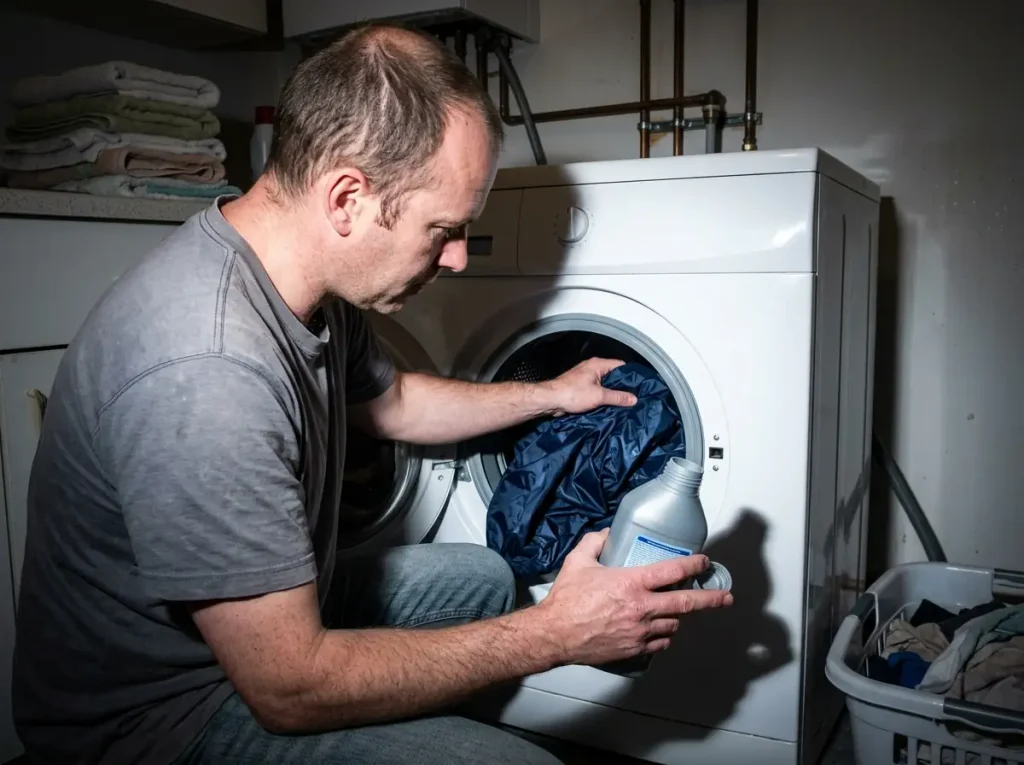 Loading a rain jacket into a washing machine with technical wash to restore DWR