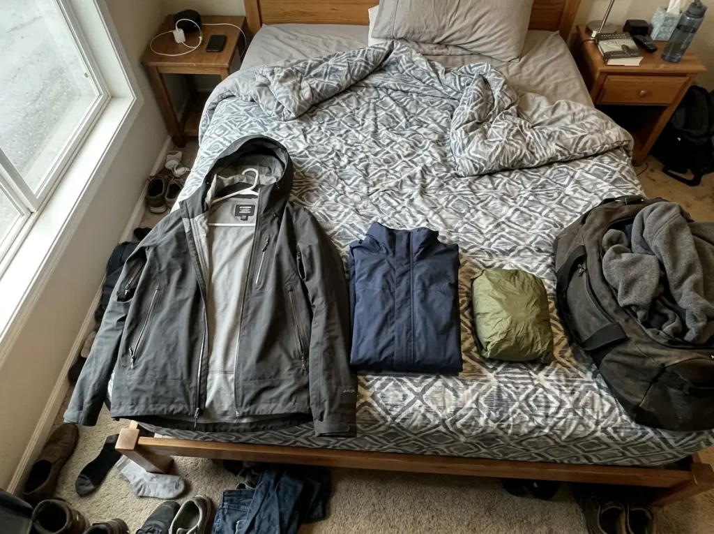 Three men's waterproof rain jackets laid out on a bed while choosing which to pack
