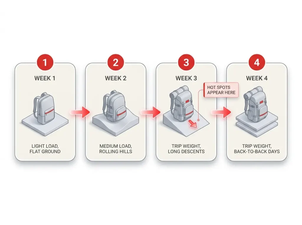 Infographic showing a 4-week progressive break-in timeline with rising pack weight and terrain difficulty, flagging week 3 descents as where hot spots appear