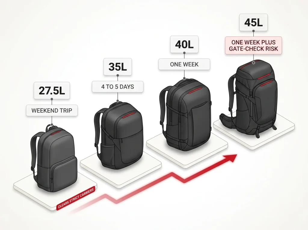 Infographic showing 27.5L to 45L backpack size ladder with trip length fit and carry-on clearance flags labeled