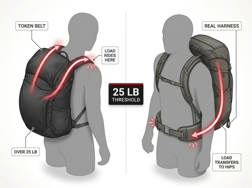 Infographic showing backpack load path to shoulders with token belt vs to hips with real harness, 25 lb threshold marked