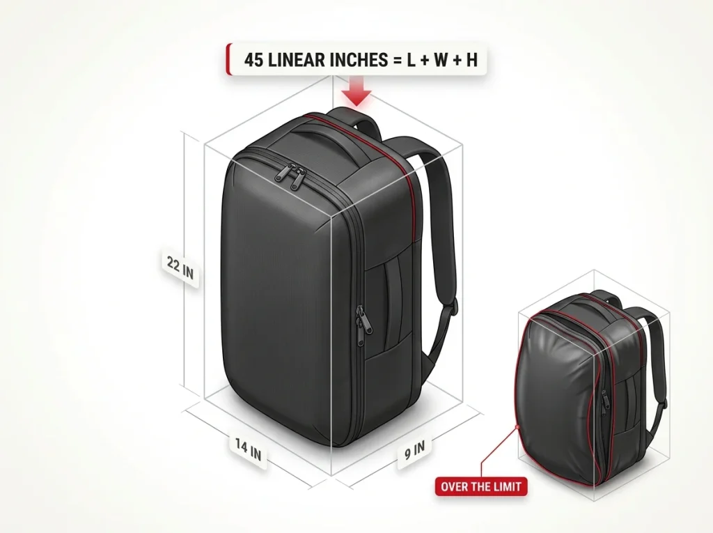 Infographic showing carry-on bag at 22x14x9 inches with 45 linear inch math and stuffed bag exceeding the sizer frame
