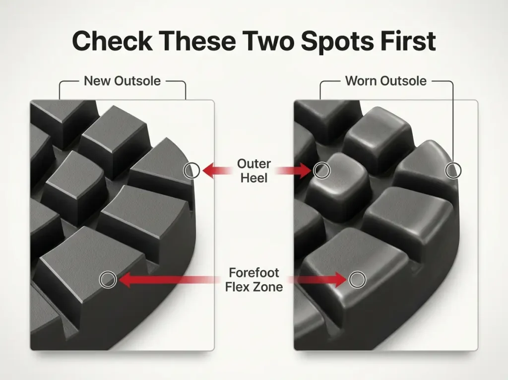 Infographic comparing new square-edged outsole lugs vs worn rounded lugs with heel and forefoot check points circled
