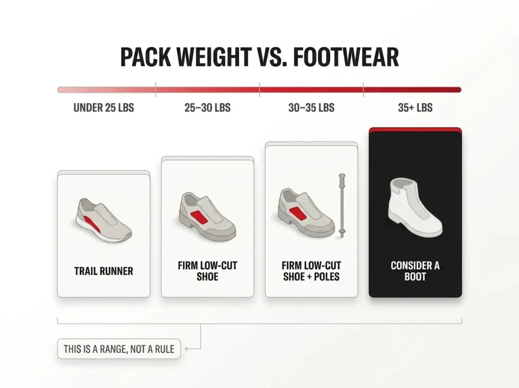 Infographic showing footwear recommendations across pack weight ranges from under 25 to over 35 pounds with a range disclaimer note