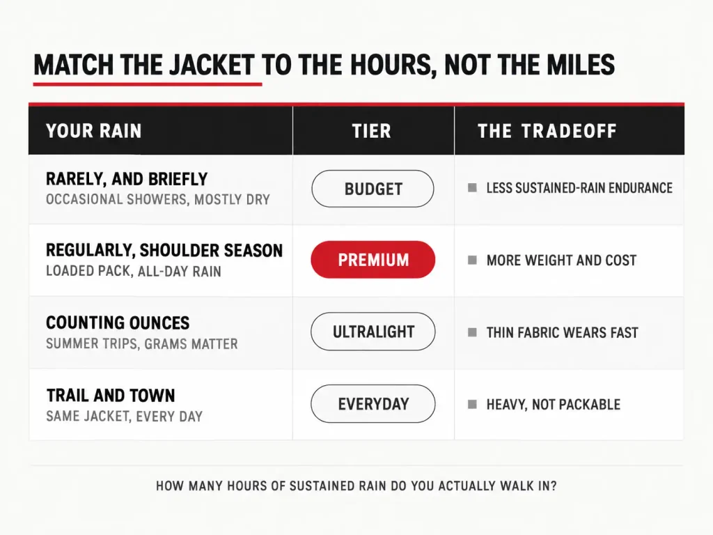 Decision table matching four rain-exposure profiles to a jacket tier and its one tradeoff