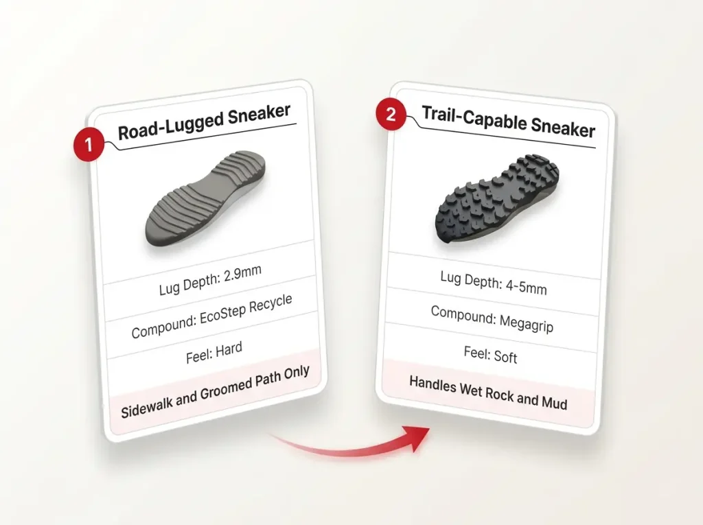 Infographic comparing road-lugged and trail-capable sneaker specs with lug depth, compound, and terrain verdict