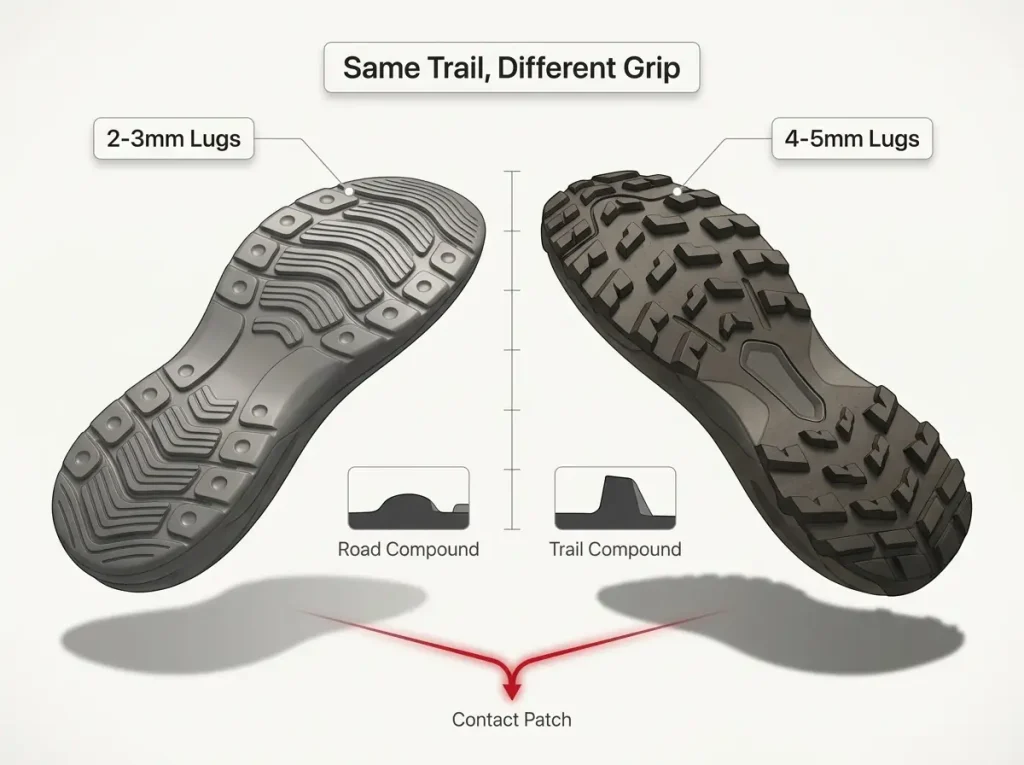 Infographic showing road sneaker vs trail shoe outsole with lug depth in millimeters and shaded contact-patch difference
