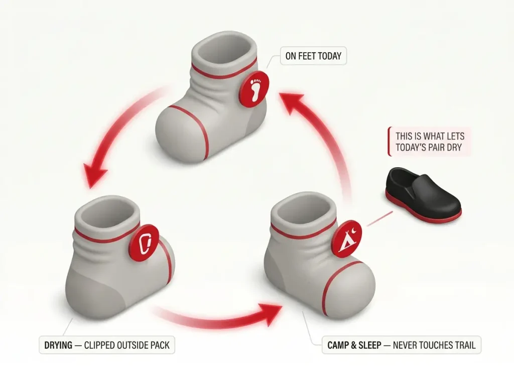 Infographic showing the three-pair sock rotation system with circular flow arrows and a camp shoe icon explaining why it works
