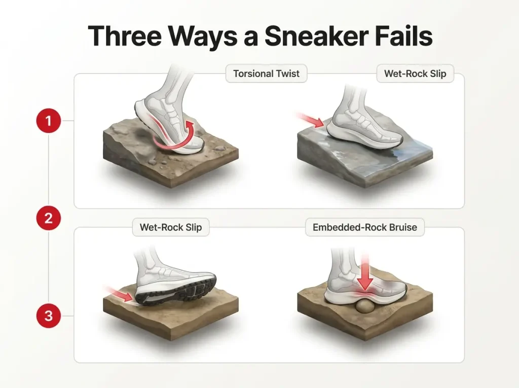 Infographic showing three sneaker failure modes on trail: torsional twist, wet-rock slip, and embedded-rock bruise