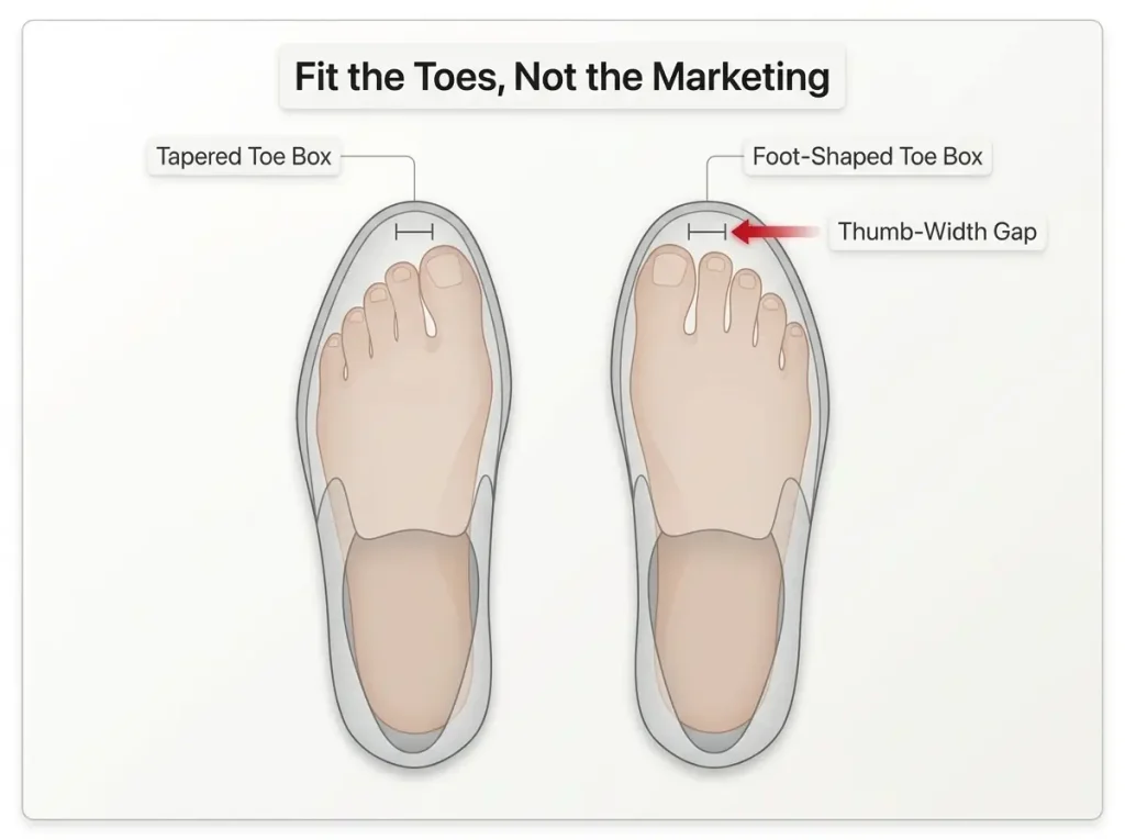 Infographic showing foot-shaped vs tapered toe box shoe outlines with thumb-width descent gap marked at the toe