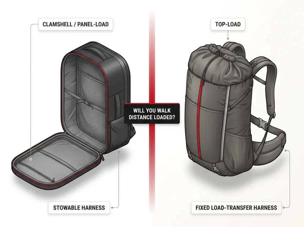 Infographic comparing clamshell travel pack vs top-load backpacking pack, labeled harness differences and decision question