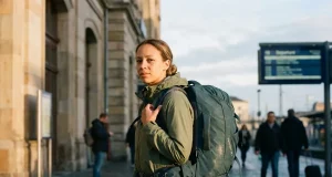 Best Travel Backpacking Packs That Fly and Hike Traveler shouldering an Osprey Farpoint 40 travel backpacking pack outside a train station at dawn