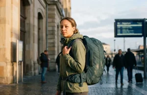 Best Travel Backpacking Packs That Fly and Hike Traveler shouldering an Osprey Farpoint 40 travel backpacking pack outside a train station at dawn