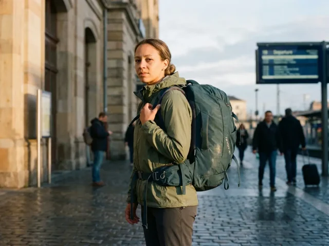 best-travel-backpacking-pack-osprey-farpoint-hero Traveler shouldering an Osprey Farpoint 40 travel backpacking pack outside a train station at dawn