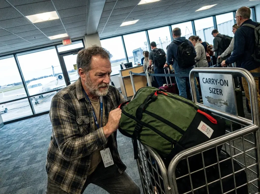 Topo Designs Global 40L pack being fitted into an airline carry-on sizer at the boarding gate