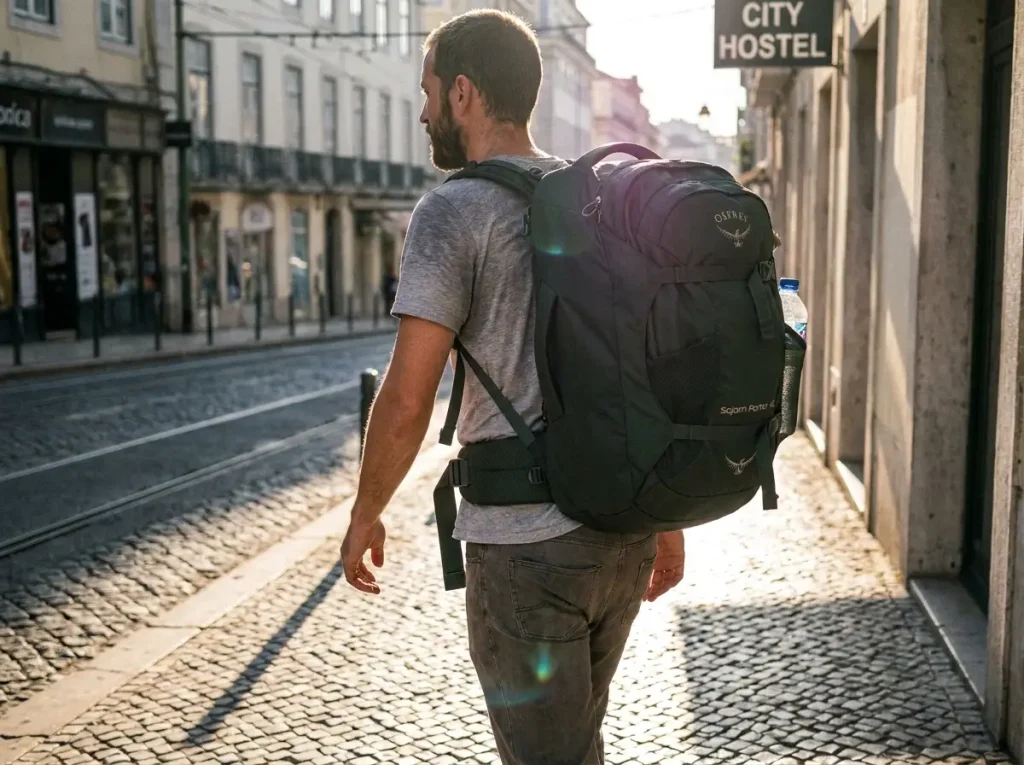 Hiker carrying a loaded Osprey Sojourn Porter 46L on the hip belt walking a city street to the hostel