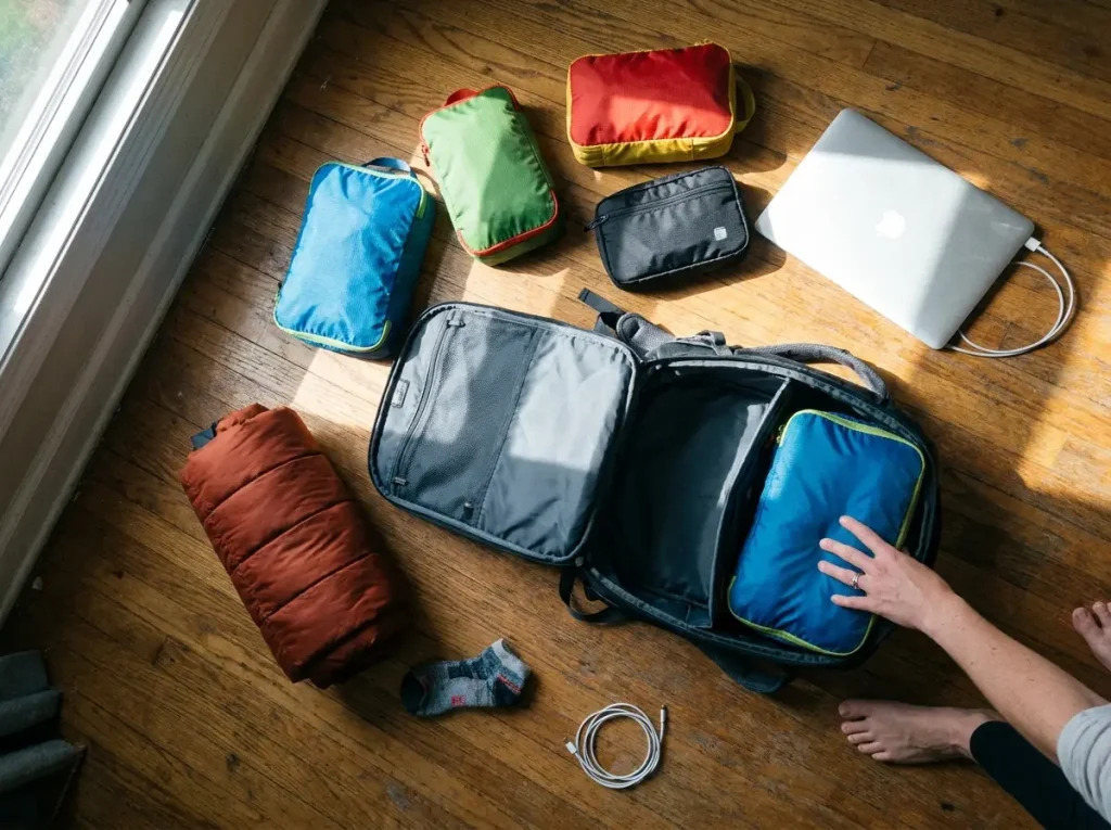 Thule Subterra 2 packed with cubes on the floor showing one week of travel gear at 40 liters