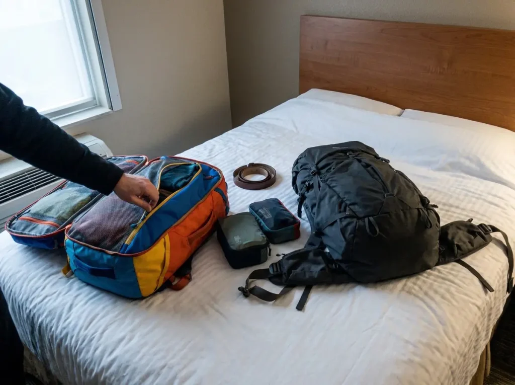 Cotopaxi Allpa clamshell travel pack open beside a top-loading backpacking pack for comparison