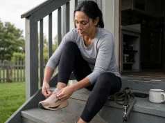 Best Walking Footwear for Women Who Also Hike Woman loosening her walking shoes on the back steps after a morning dog loop