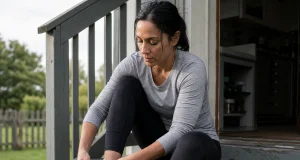 Best Walking Footwear for Women Who Also Hike Woman loosening her walking shoes on the back steps after a morning dog loop