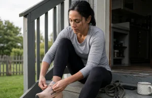 Best Walking Footwear for Women Who Also Hike Woman loosening her walking shoes on the back steps after a morning dog loop