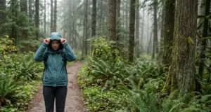 Best Women’s Waterproof Rain Jacket for Your Build Woman in a waterproof rain jacket adjusting her hood on a wet forest trail in steady rain
