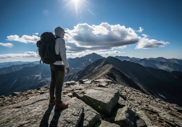 A full-body shot of a backpacker wearing a long-sleeve sun hoodie and a large pack, standing on a windy mountain ridge under a bright, partly cloudy sky.