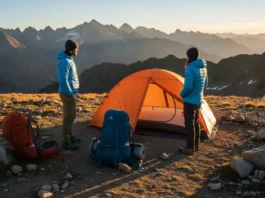 A full-body shot of two hikers in hiking gear standing beside their tent at a mountain campsite at sunrise.