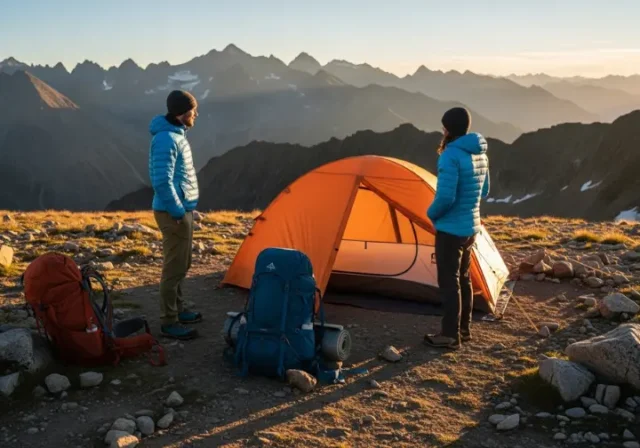 A full-body shot of two hikers in hiking gear standing beside their tent at a mountain campsite at sunrise.