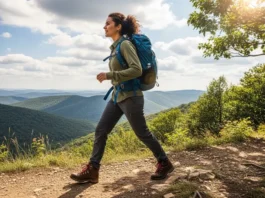 A woman in full hiking gear and boots stands on a mountain trail, looking out at a scenic view.
