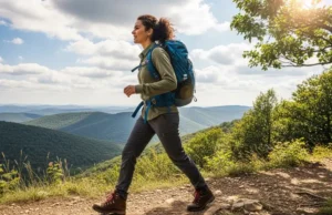 Best Female Hiking Boots, Lab-Tested & Trail-Proven A woman in full hiking gear and boots stands on a mountain trail, looking out at a scenic view.