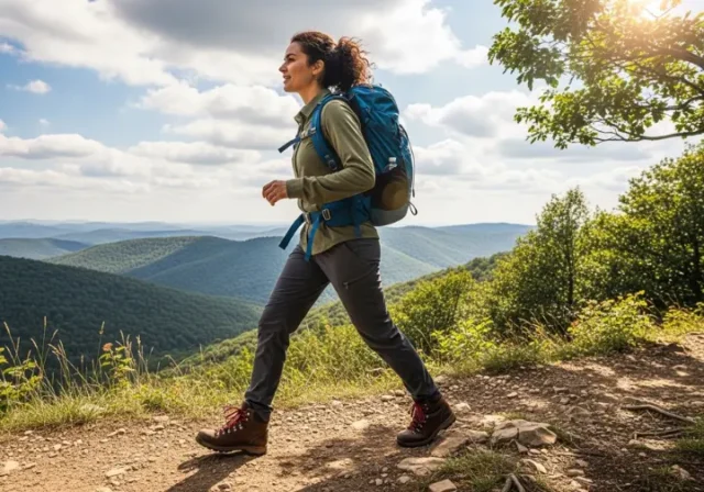 A woman in full hiking gear and boots stands on a mountain trail, looking out at a scenic view.