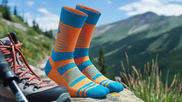 High-quality hiking socks on a rock beside a trail, surrounded by mountains, symbolizing durability and style for hikers.