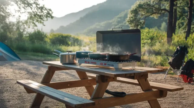 A propane cook stove at a scenic campsite with mountains and greenery, highlighting its use for outdoor cooking.